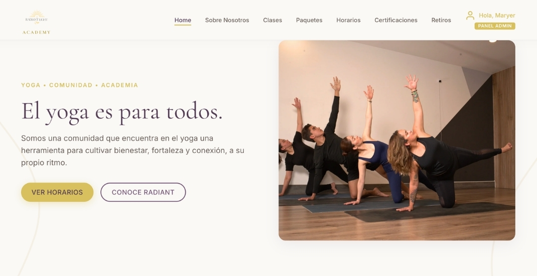 Plataforma web de Radiant Light Yogi desarrollada por MARYER Digital