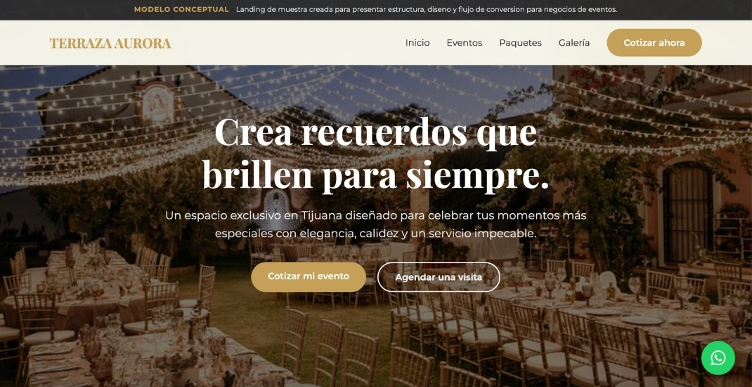 Landing page de Terraza Aurora creada por MARYER Digital